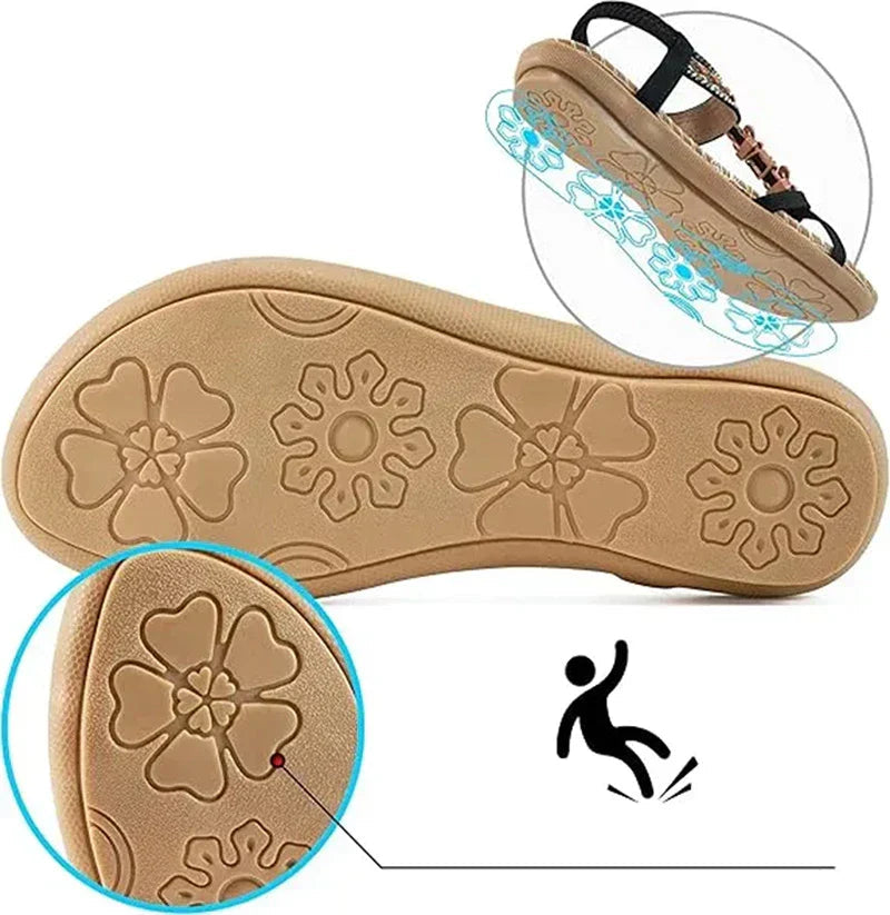 Marjorie | Bohemian Style Flat Sandals with Embellished Straps and Ankle Strap
