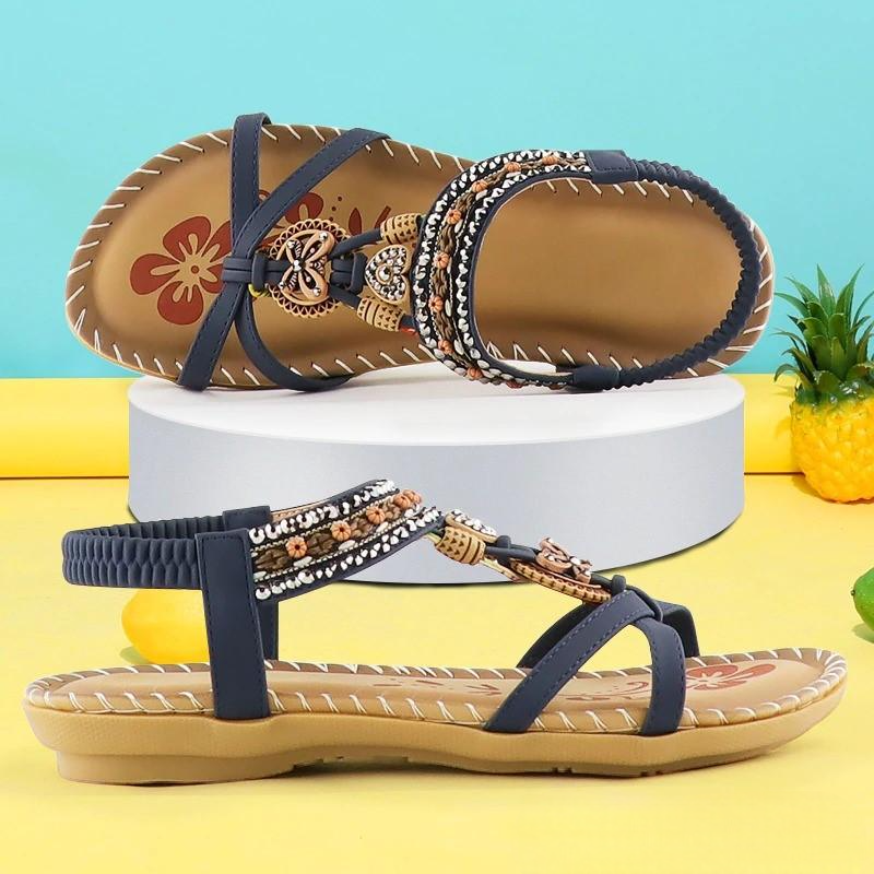 Marjorie | Bohemian Style Flat Sandals with Embellished Straps and Ankle Strap