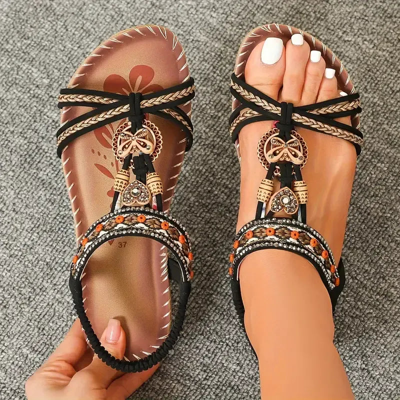Marjorie | Bohemian Style Flat Sandals with Embellished Straps and Ankle Strap