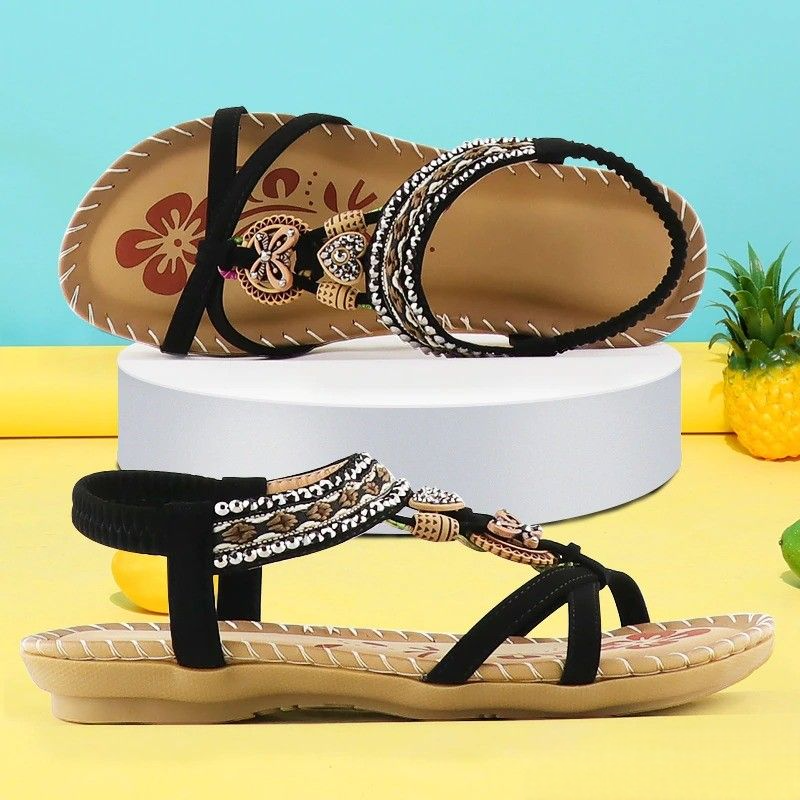 Marjorie | Bohemian Style Flat Sandals with Embellished Straps and Ankle Strap