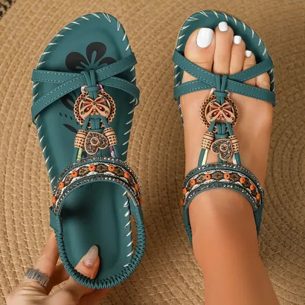 Marjorie | Bohemian Style Flat Sandals with Embellished Straps and Ankle Strap