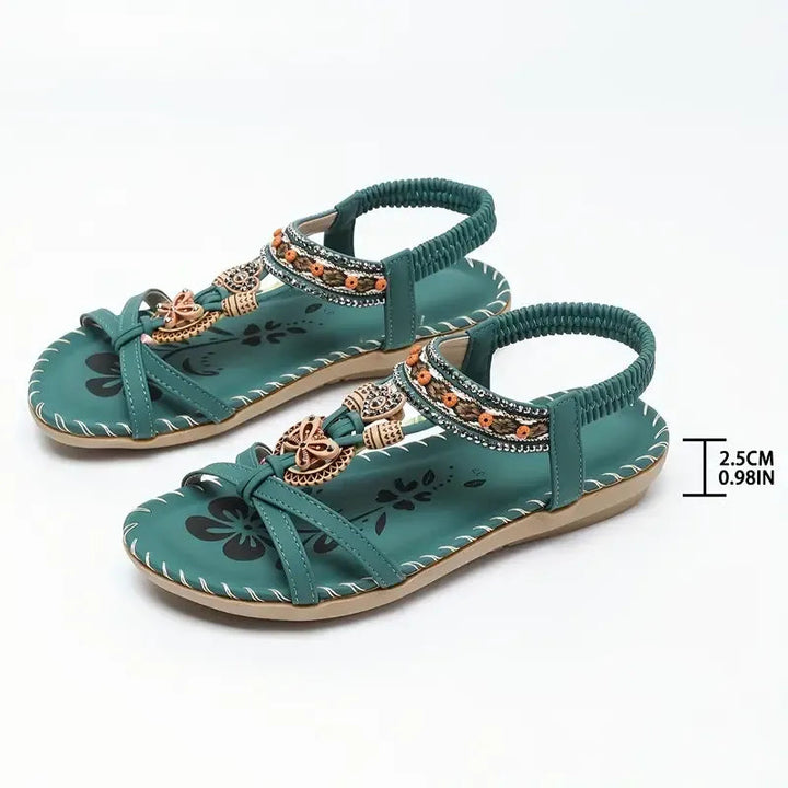 Marjorie | Bohemian Style Flat Sandals with Embellished Straps and Ankle Strap