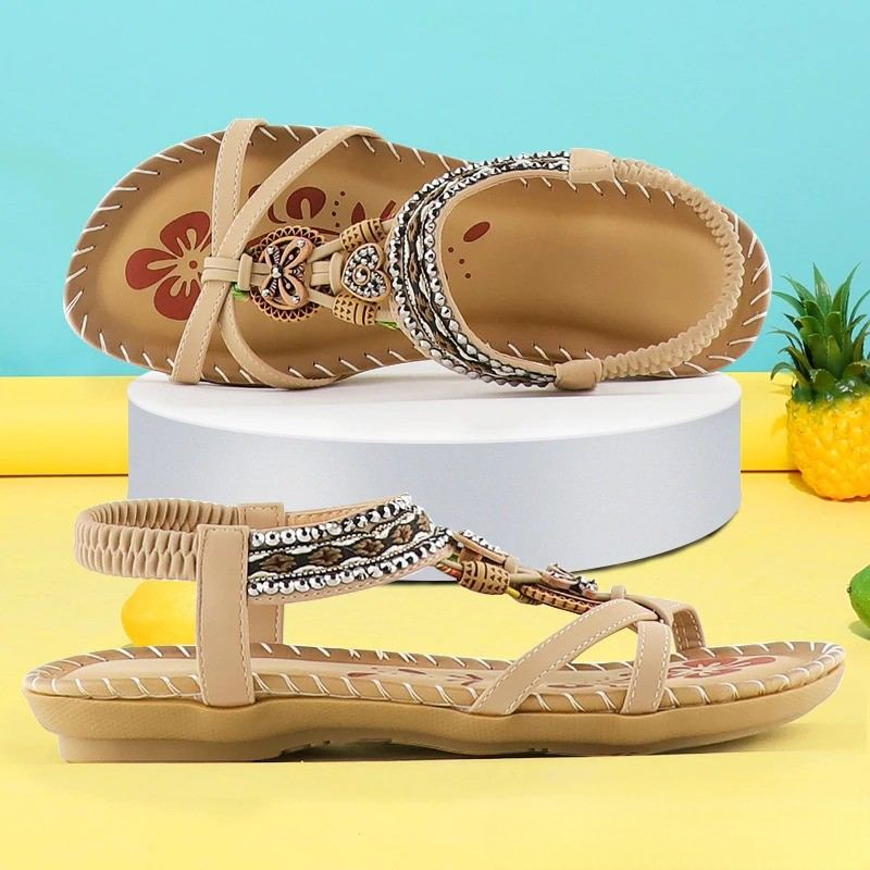 Marjorie | Bohemian Style Flat Sandals with Embellished Straps and Ankle Strap