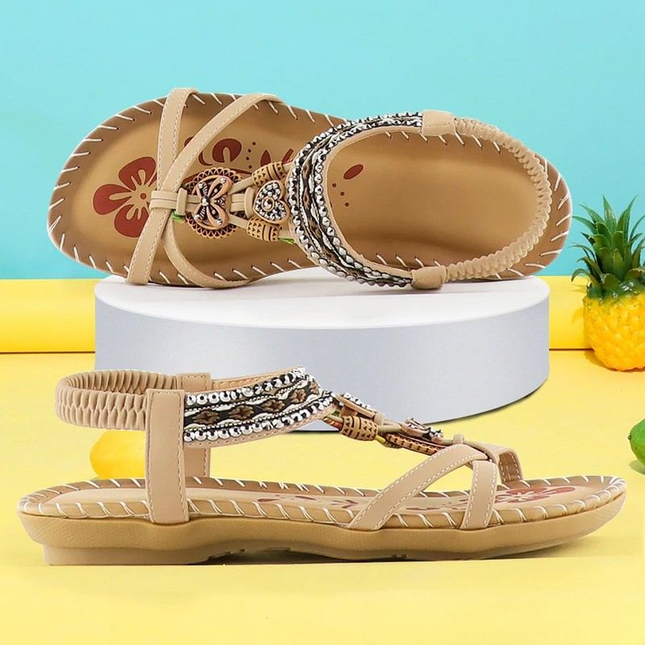Marjorie | Bohemian Style Flat Sandals with Embellished Straps and Ankle Strap