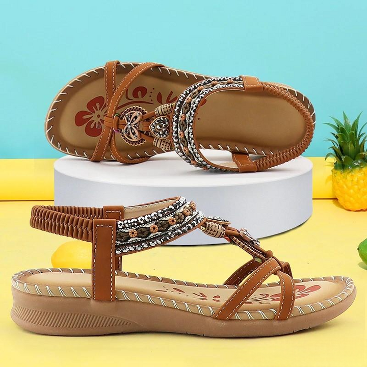Marjorie | Bohemian Style Flat Sandals with Embellished Straps and Ankle Strap