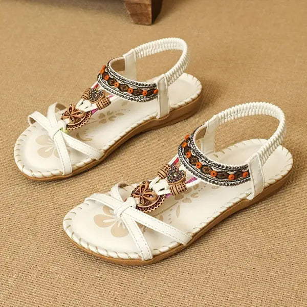 Marjorie | Bohemian Style Flat Sandals with Embellished Straps and Ankle Strap