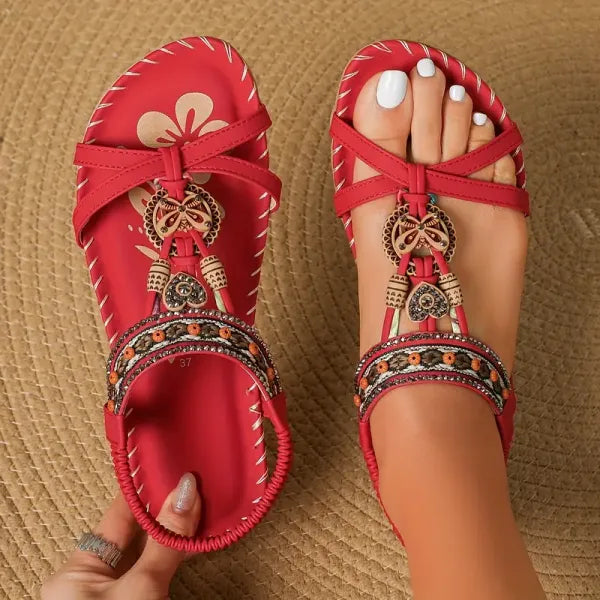 Marjorie | Bohemian Style Flat Sandals with Embellished Straps and Ankle Strap