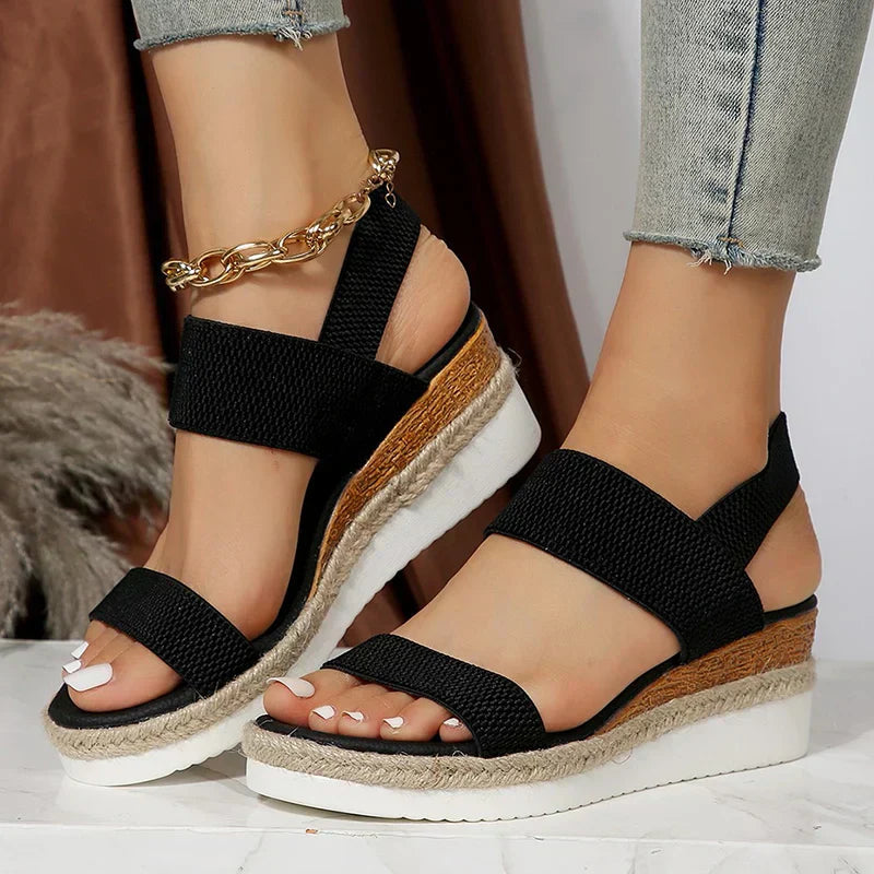 Marjorie | Woven Platform Sandals with Elastic Straps and Cork Detail