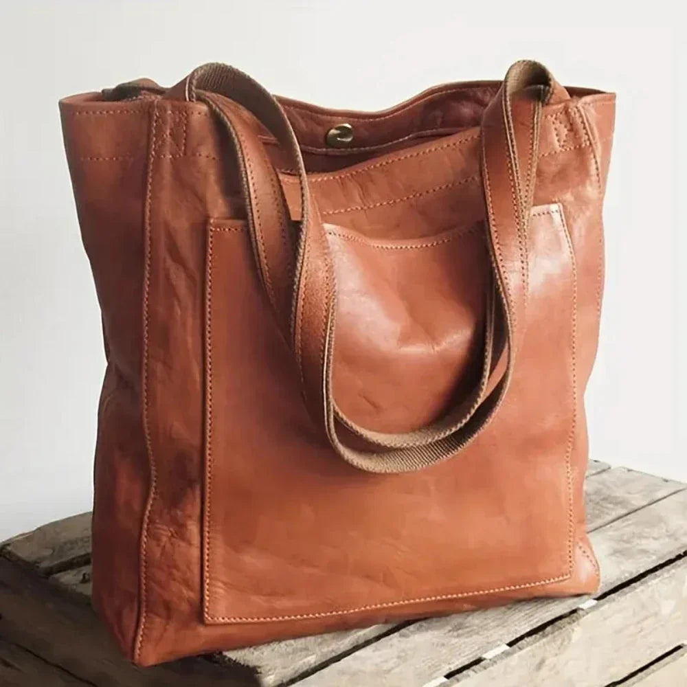 Mary | Leather Tote Bag with Shoulder Straps and Exterior Pocket