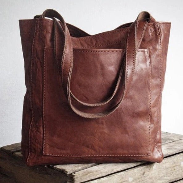 Mary | Leather Tote Bag with Shoulder Straps and Exterior Pocket