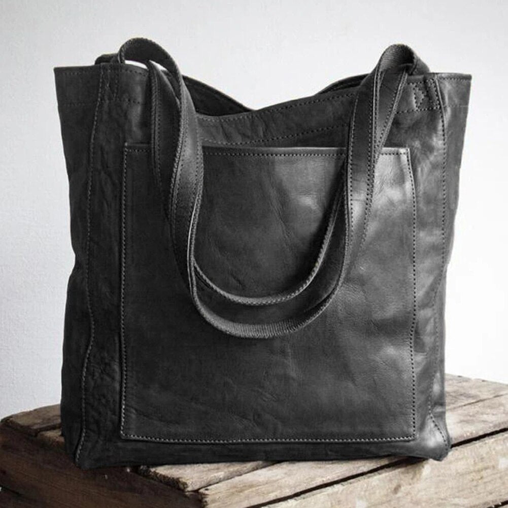 Mary | Leather Tote Bag with Shoulder Straps and Exterior Pocket