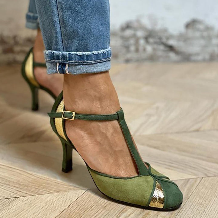 Maxine | Patchwork T-Strap Heels with Closed Toe and Buckle Strap