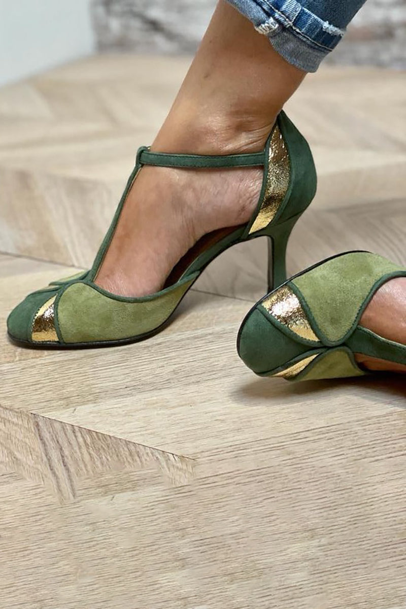 Maxine | Patchwork T-Strap Heels with Closed Toe and Buckle Strap