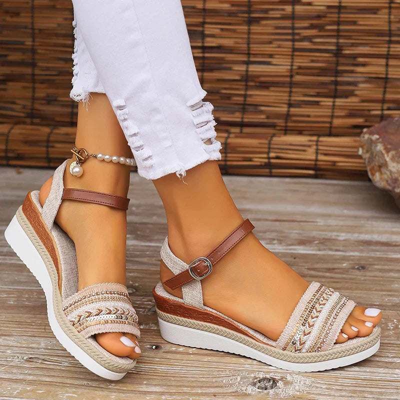 Maxine | Wedge Platform Sandals with Ankle Strap and Beaded Embellishments
