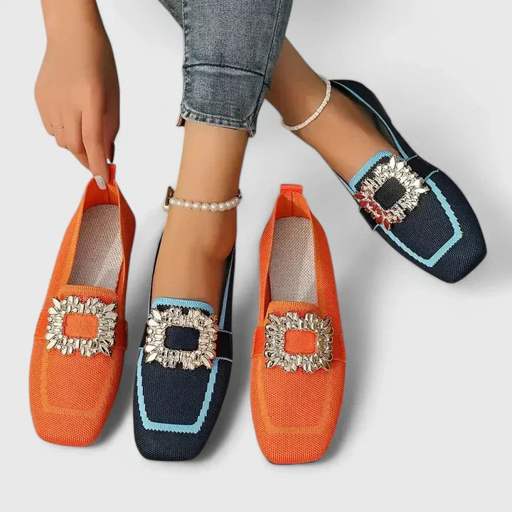 Maylora | Orthopedic Square Toe Loafers with Crystal Buckle and Woven Upper