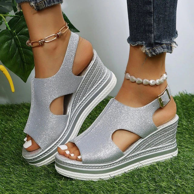 Megan | Metallic Wedge Sandals with Cut-Out Detail and Buckle Strap