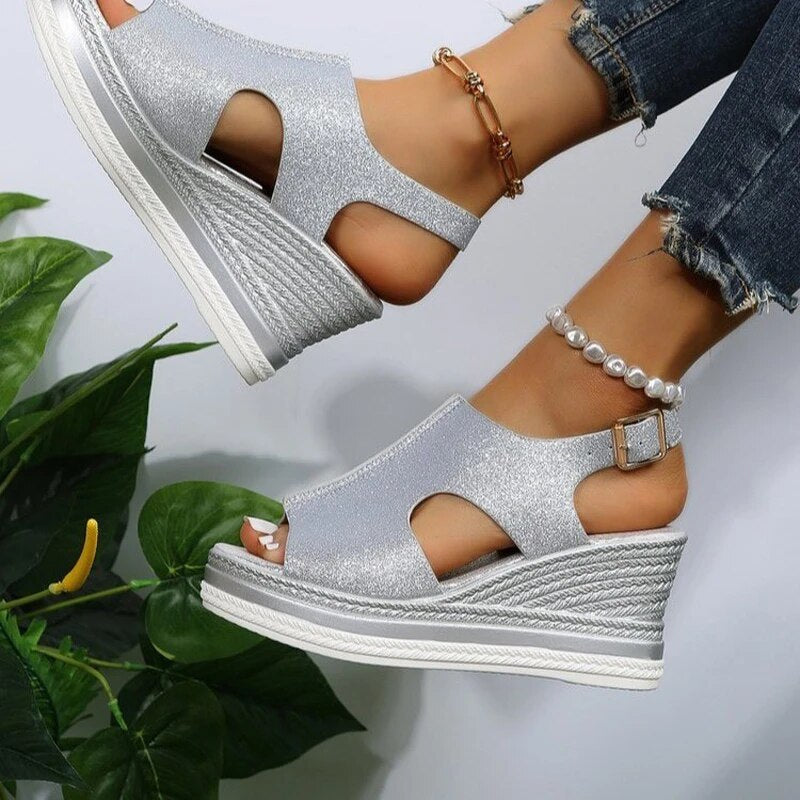 Megan | Metallic Wedge Sandals with Cut-Out Detail and Buckle Strap