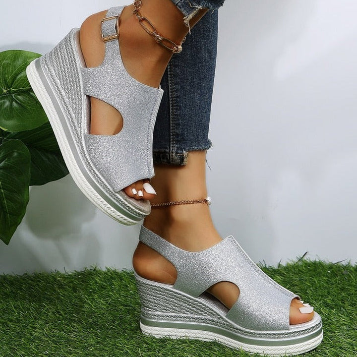Megan | Metallic Wedge Sandals with Cut-Out Detail and Buckle Strap