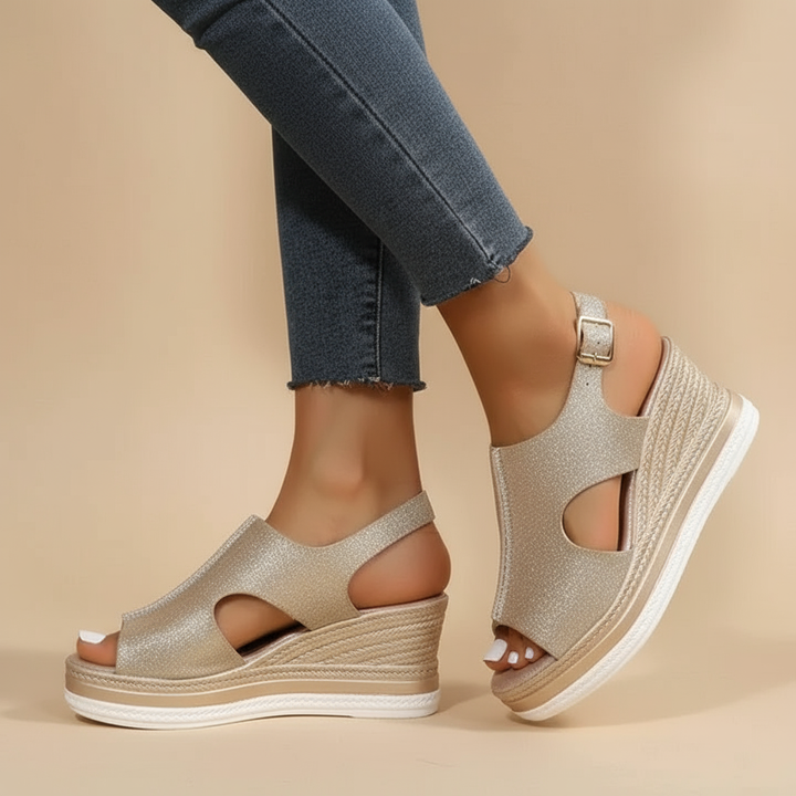 Megan | Metallic Wedge Sandals with Cut-Out Detail and Buckle Strap