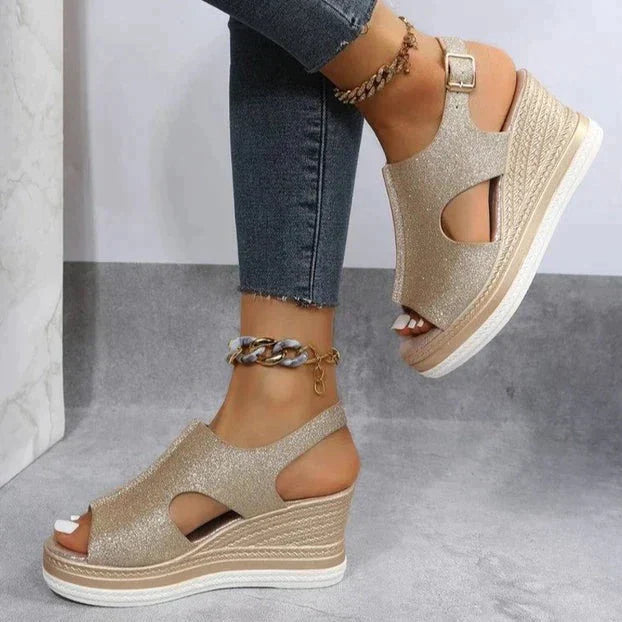 Megan | Metallic Wedge Sandals with Cut-Out Detail and Buckle Strap