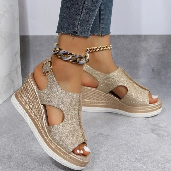 Megan | Metallic Wedge Sandals with Cut-Out Detail and Buckle Strap