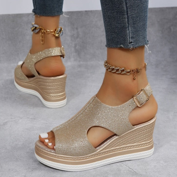 Megan | Metallic Wedge Sandals with Cut-Out Detail and Buckle Strap