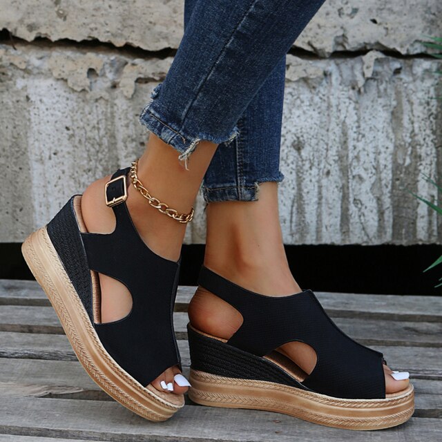 Megan | Metallic Wedge Sandals with Cut-Out Detail and Buckle Strap
