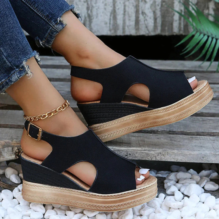 Megan | Metallic Wedge Sandals with Cut-Out Detail and Buckle Strap