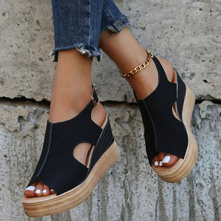 Megan | Metallic Wedge Sandals with Cut-Out Detail and Buckle Strap