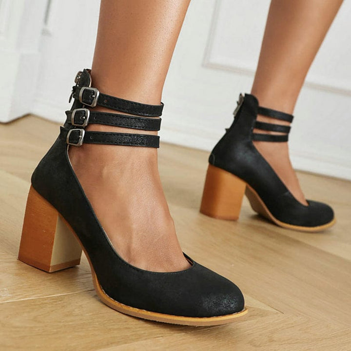 Michelle | Block Heel Sandals with Triple Strap and Buckle Closure