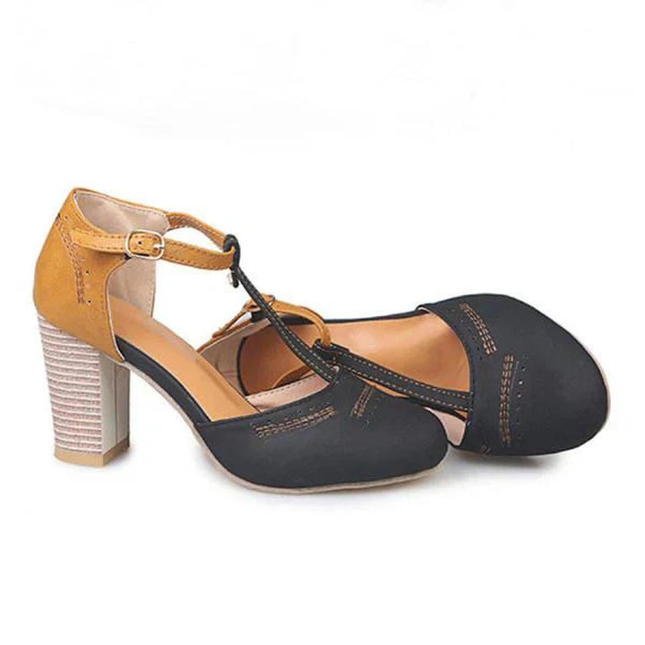 Michelle | T Strap Heels with Block Heel and Buckle Ankle Strap