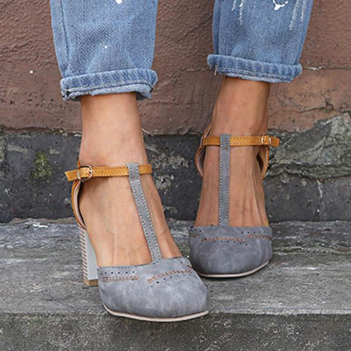 Michelle | T Strap Heels with Block Heel and Buckle Ankle Strap
