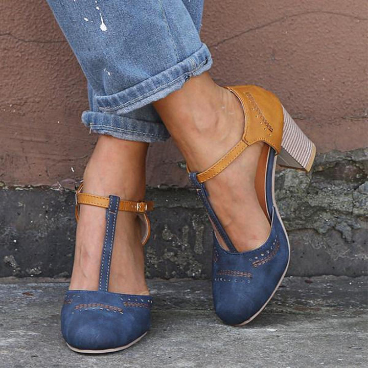 Michelle | T Strap Heels with Block Heel and Buckle Ankle Strap
