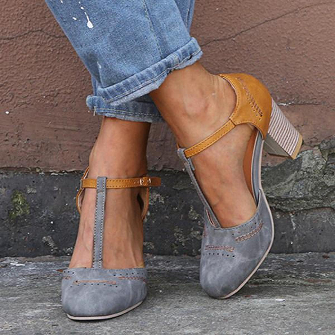 Michelle | T Strap Heels with Block Heel and Buckle Ankle Strap