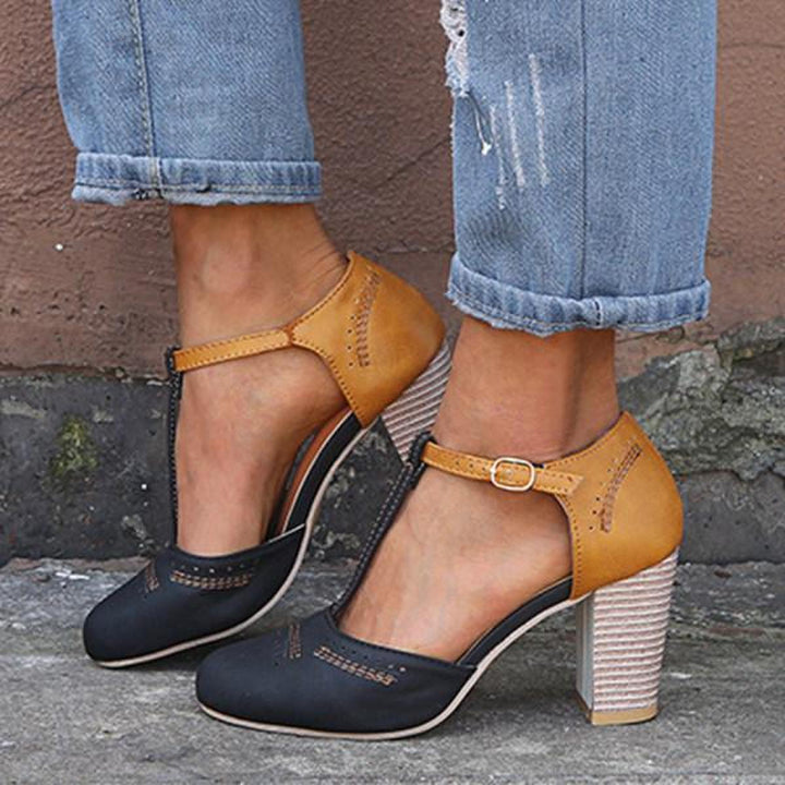 Michelle | T Strap Heels with Block Heel and Buckle Ankle Strap