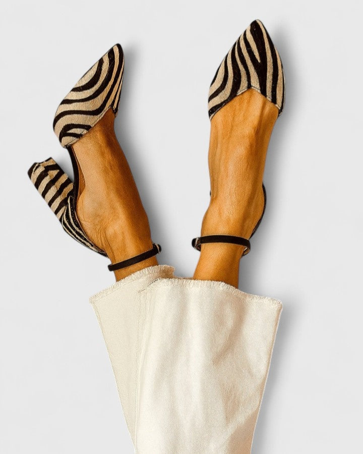 Miranda | Zebra Print Block Heels with Pointed Toe and Ankle Strap