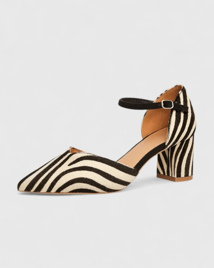 Miranda | Zebra Print Block Heels with Pointed Toe and Ankle Strap