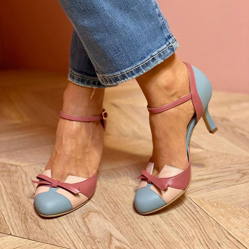 Monique | Mary Jane Heels with Ankle Strap and Bow Accent