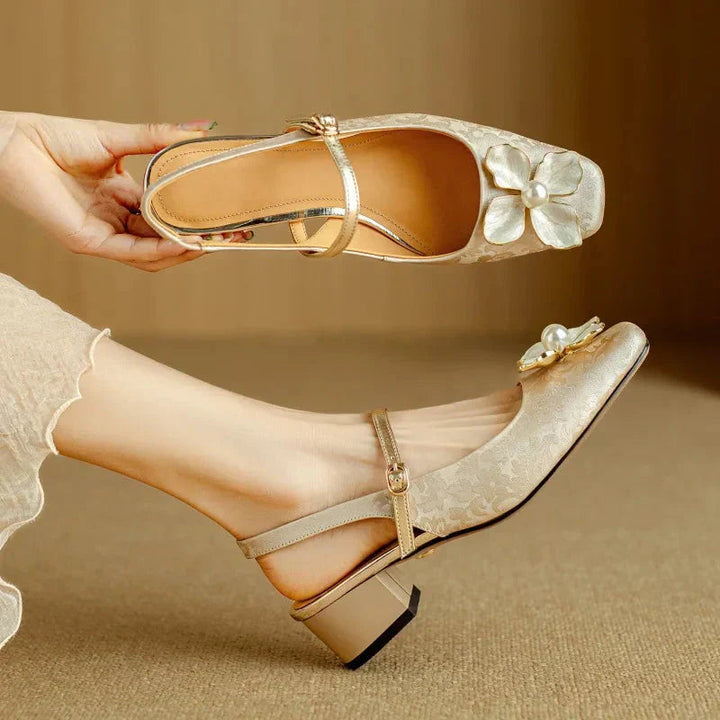 Natalie | Mary Jane Pumps with Floral Embellishment and Block Heel