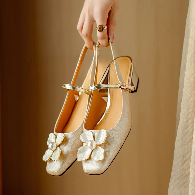 Natalie | Mary Jane Pumps with Floral Embellishment and Block Heel