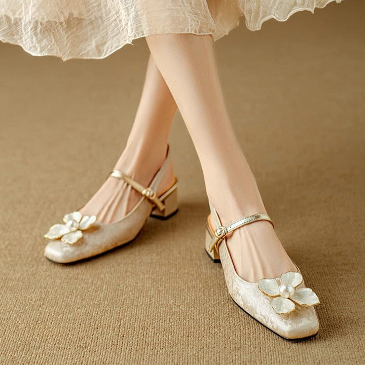 Natalie | Mary Jane Pumps with Floral Embellishment and Block Heel