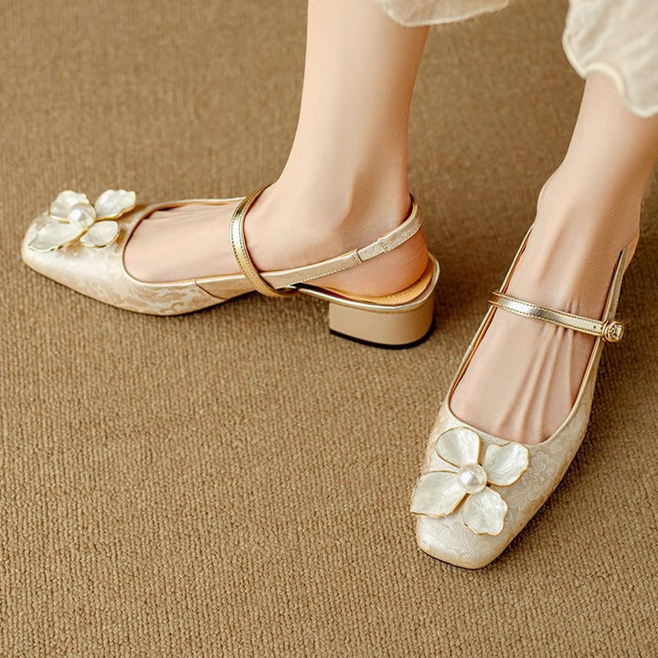Natalie | Mary Jane Pumps with Floral Embellishment and Block Heel