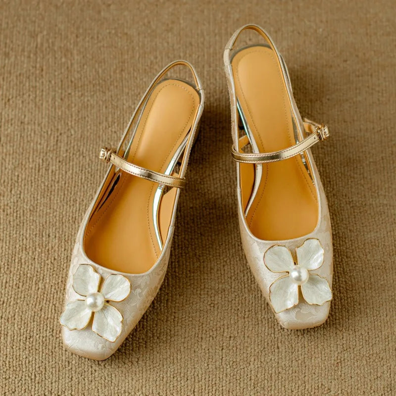 Natalie | Mary Jane Pumps with Floral Embellishment and Block Heel