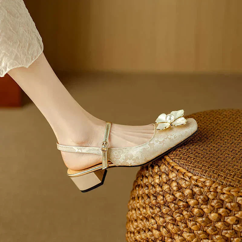 Natalie | Mary Jane Pumps with Floral Embellishment and Block Heel