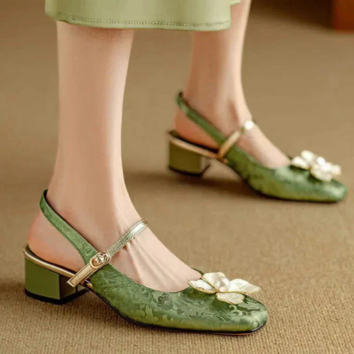 Natalie | Mary Jane Pumps with Floral Embellishment and Block Heel