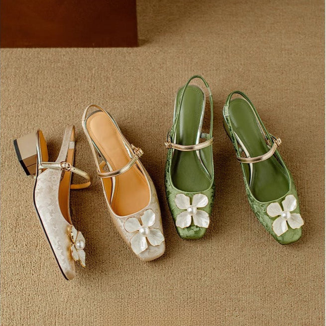 Natalie | Mary Jane Pumps with Floral Embellishment and Block Heel