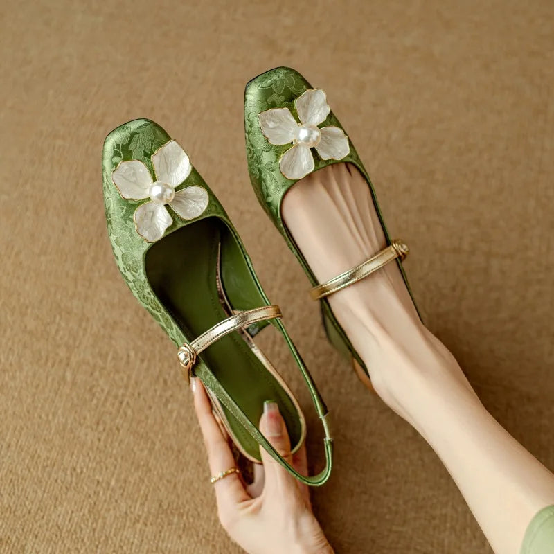 Natalie | Mary Jane Pumps with Floral Embellishment and Block Heel