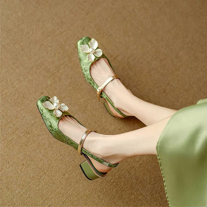 Natalie | Mary Jane Pumps with Floral Embellishment and Block Heel