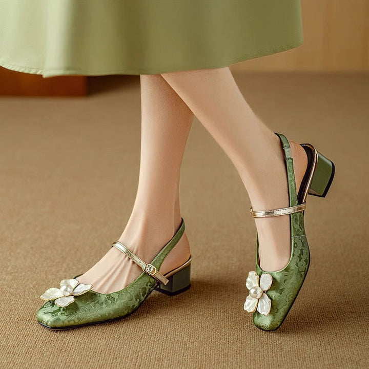 Natalie | Mary Jane Pumps with Floral Embellishment and Block Heel
