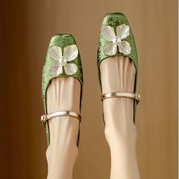 Natalie | Mary Jane Pumps with Floral Embellishment and Block Heel